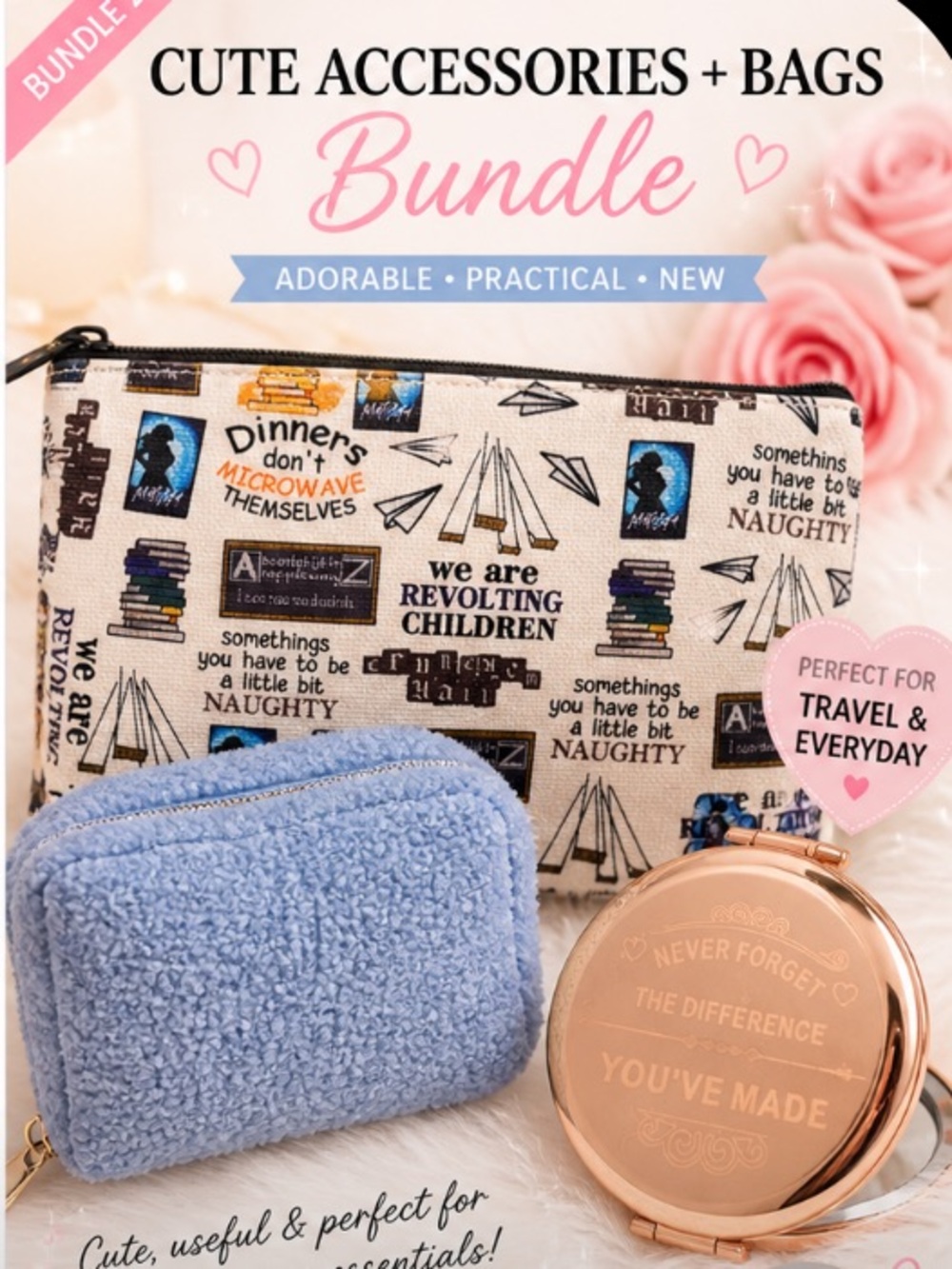 Makeup Bags + Plush Pouch + Compact Mirror Cute Bundle 💕